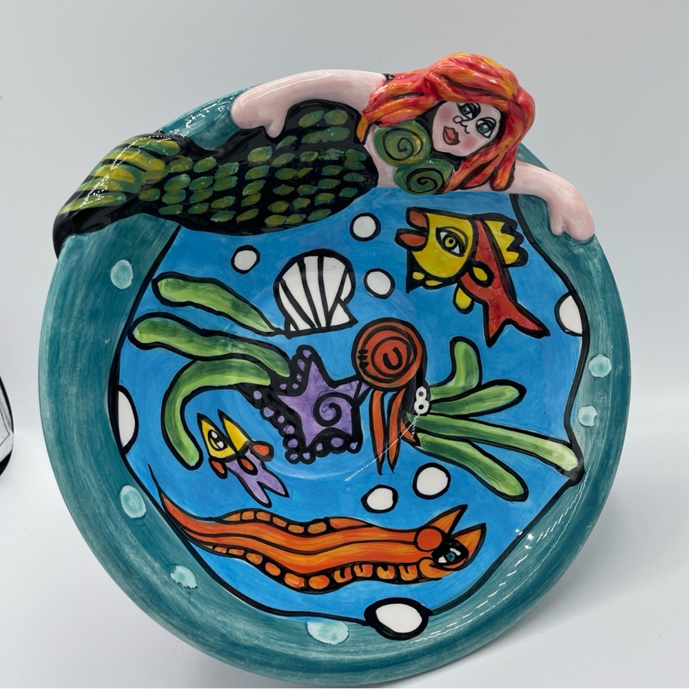 Mermaid & Sea Creatures Large Pedestal Bowl 7"Tall x 10”Diameter Nicole Engblom - Picture 2 of 9